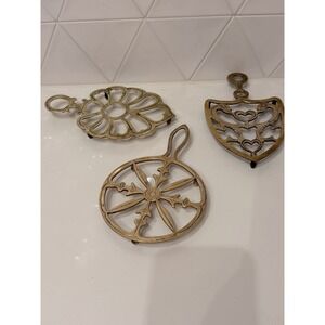 Vintage Brass Trivet Lot of 3 Heart Dragon Floral Round Footed Kitchen Decor